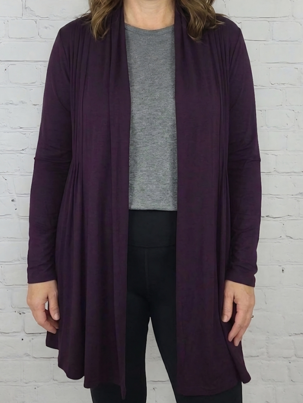 Kische Purple Open Front Pleated Long Sleeve Knit Scalloped Hem Cardigan Small
